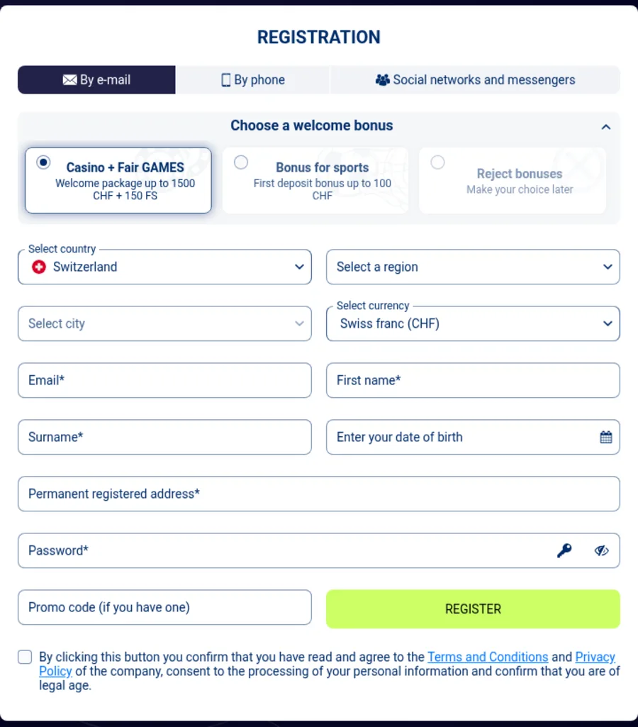 Fairpari registration form showing the welcome bonus selector and the promo code field next to the Register button