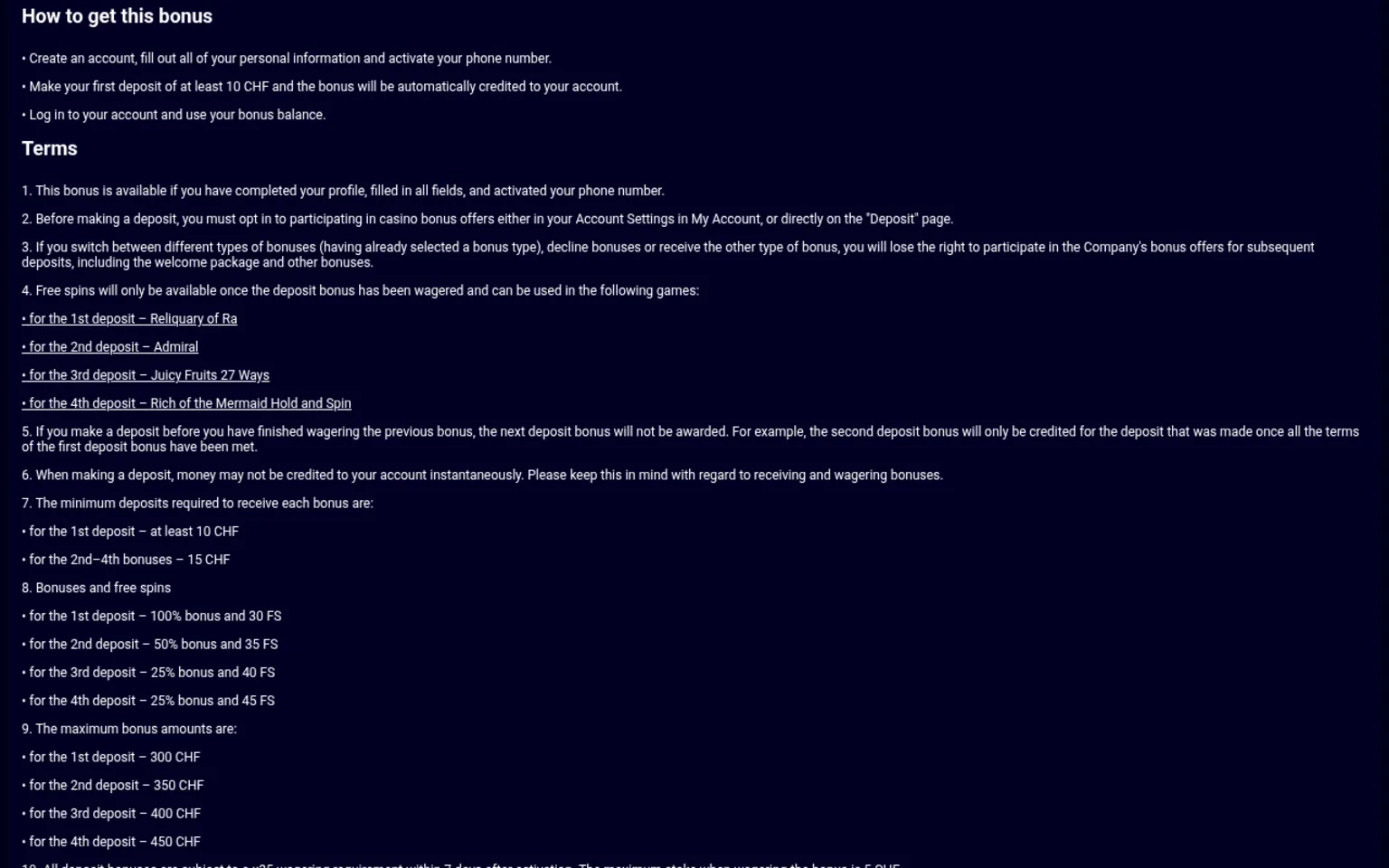 Fairpari welcome package terms page showing the how-to-get steps and bonus conditions